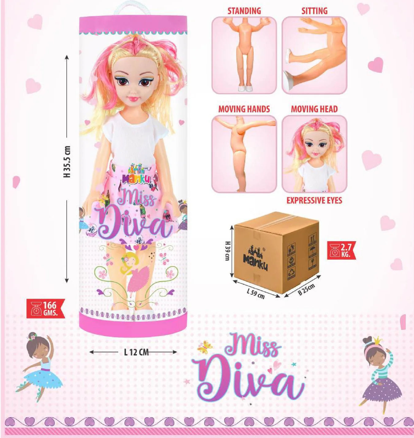 Miss Diva doll packaging with features and dimensions on a pink background
