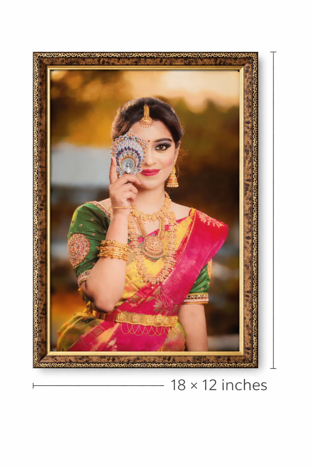 Woman in traditional attire holding jewelry with a gold frame, 18x12 inches.