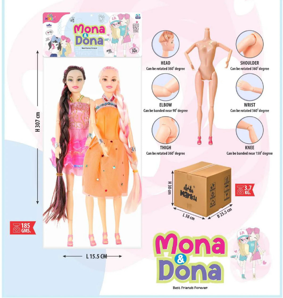Product packaging for Mona & Dona dolls with features and dimensions.