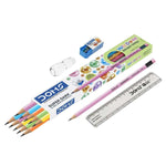 Set of colored pencils, a ruler, and a sharpener on a white background