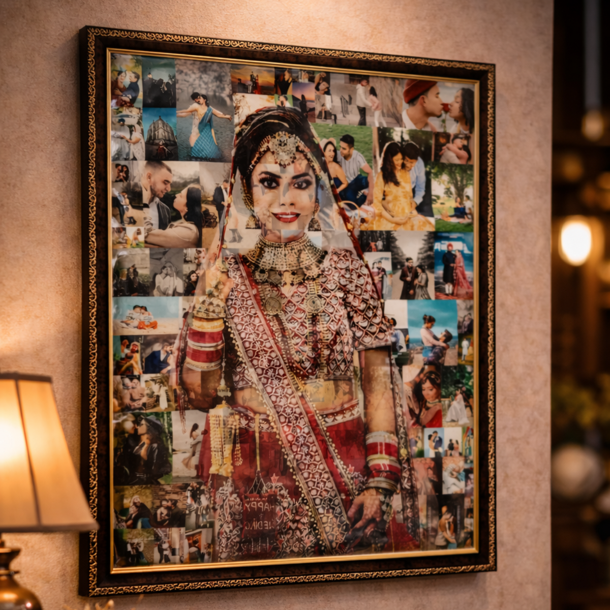 Framed collage of a woman in traditional attire on a wall.