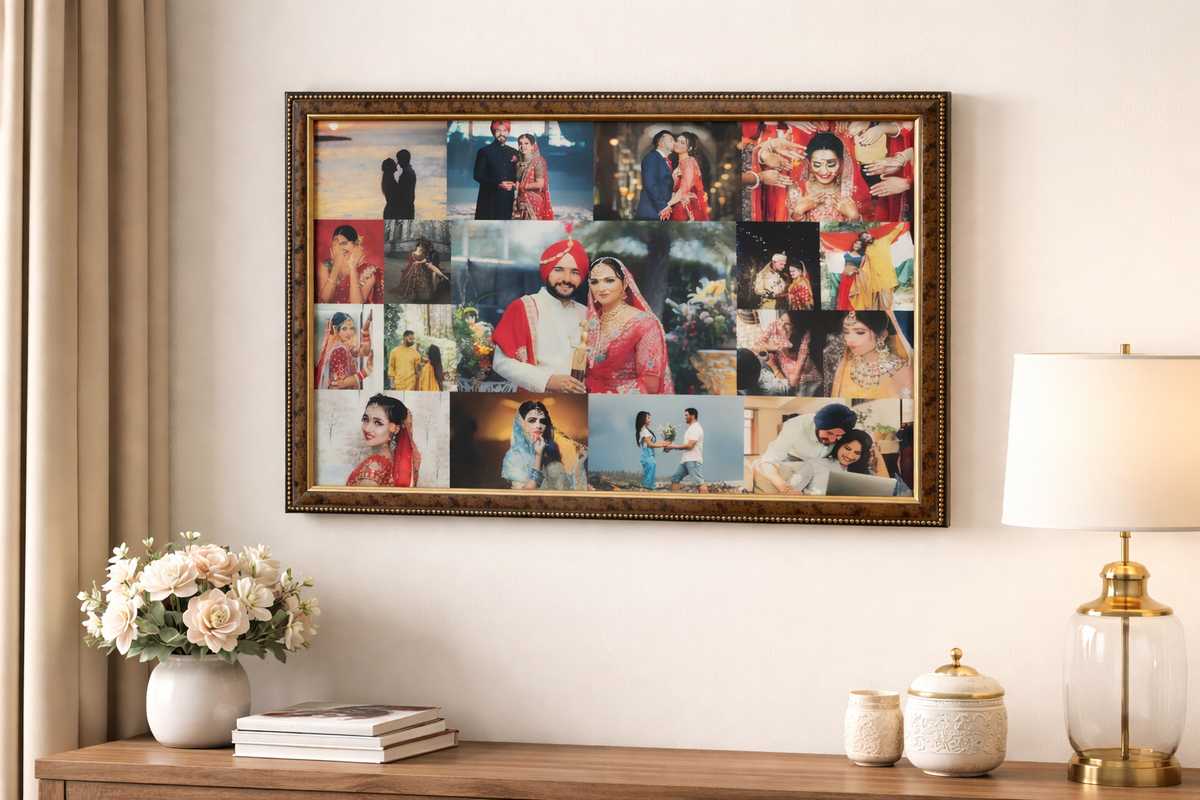 Framed collage of people on a wall above a wooden console table with decorative items.