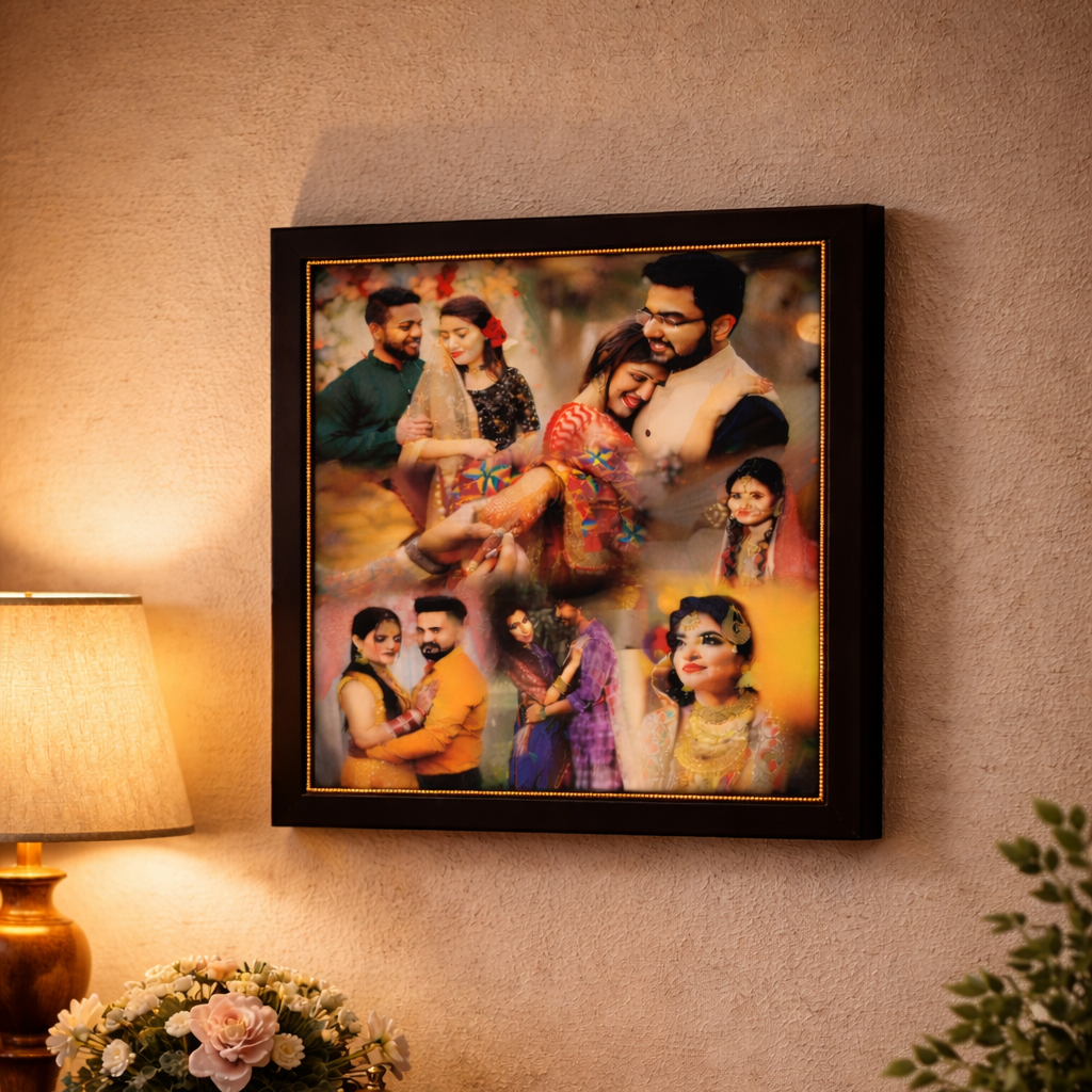 Framed family portrait on a wall above a wooden cabinet with decorative items.