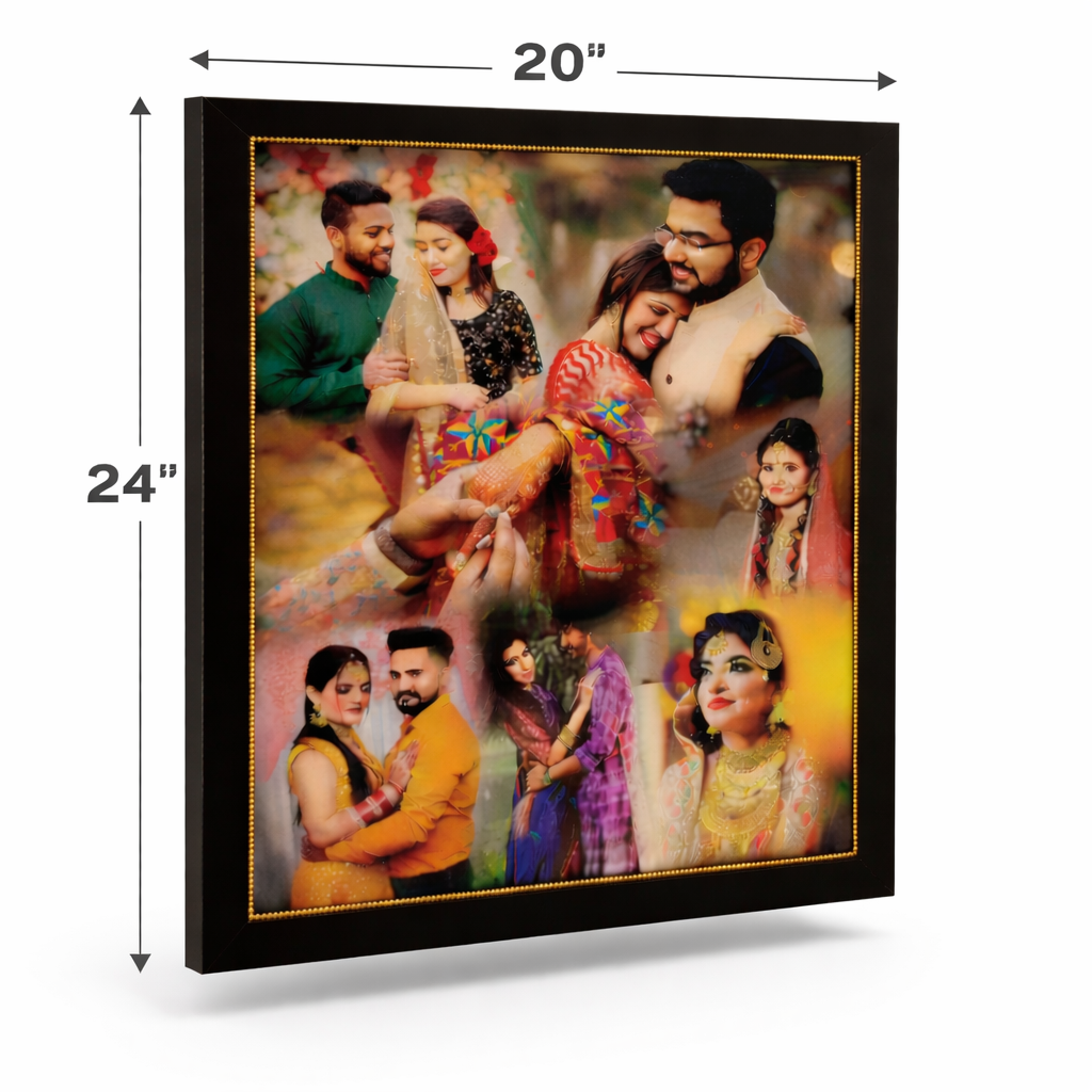 Framed collage of a couple in various poses with dimensions indicated.