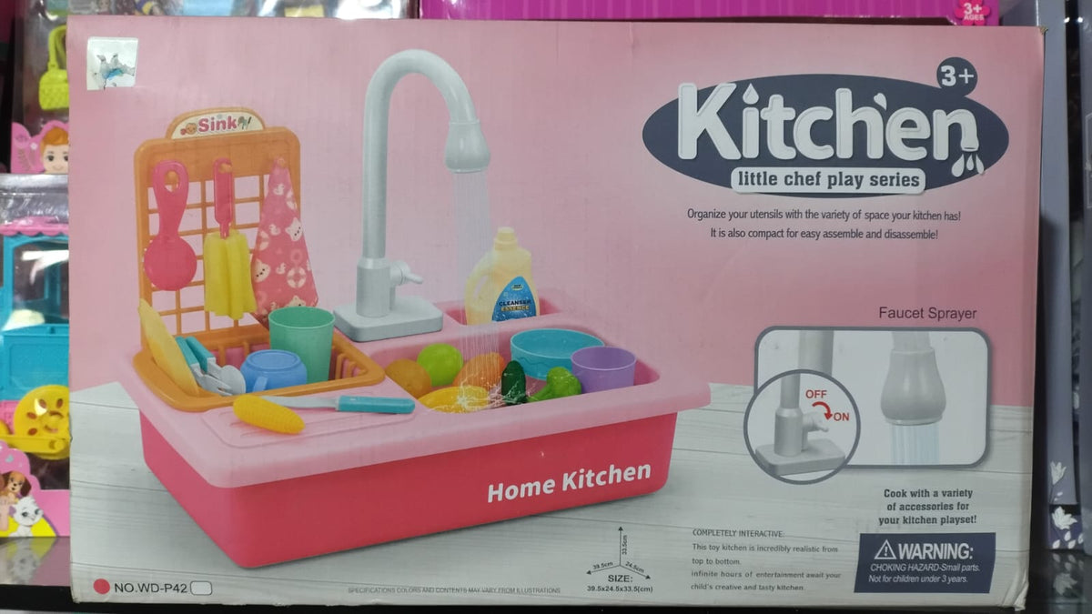 Toy kitchen set packaging with pink and white colors