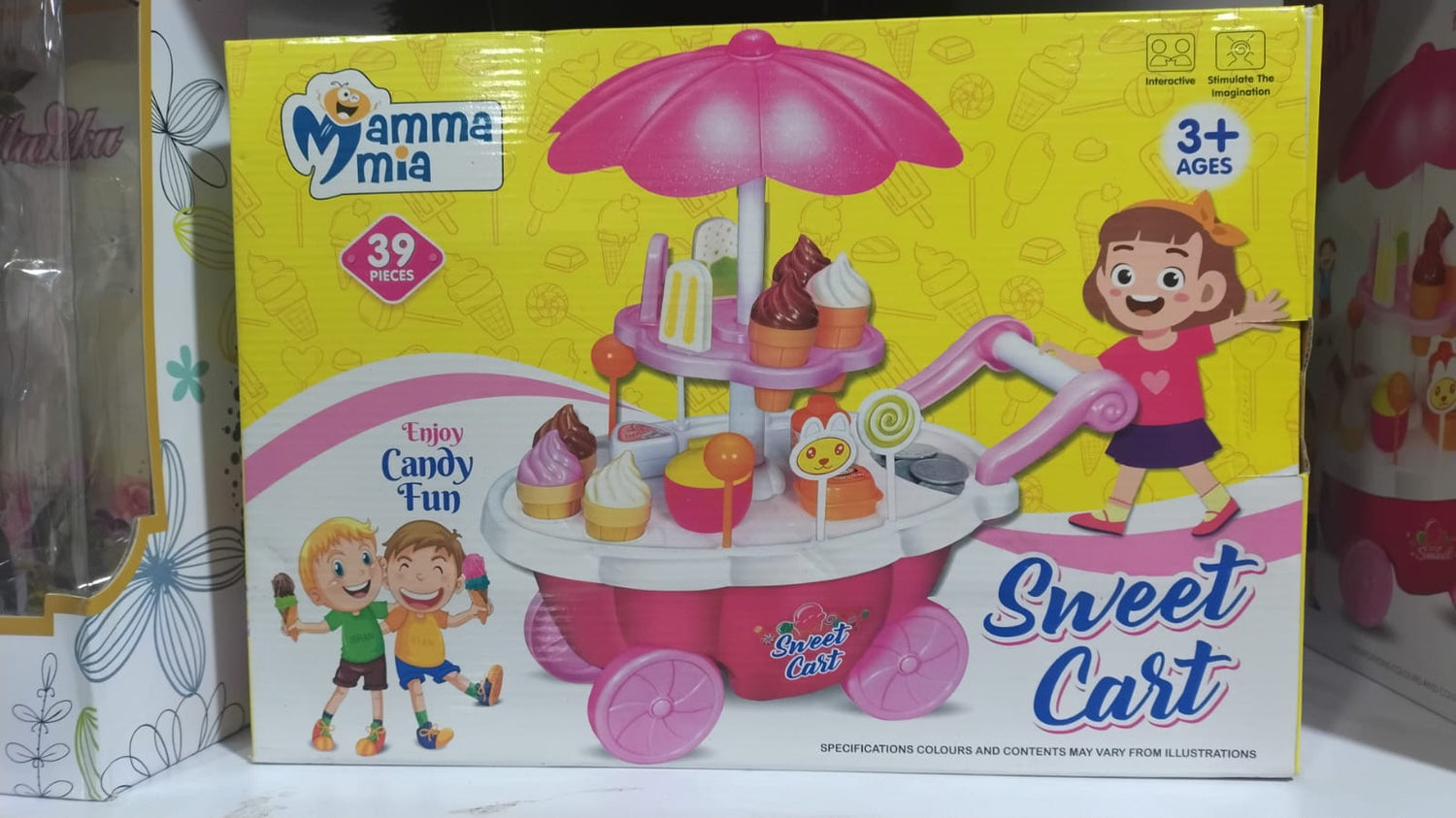 Mamma Mia Sweet Cart toy set packaging with colorful design and illustrations.