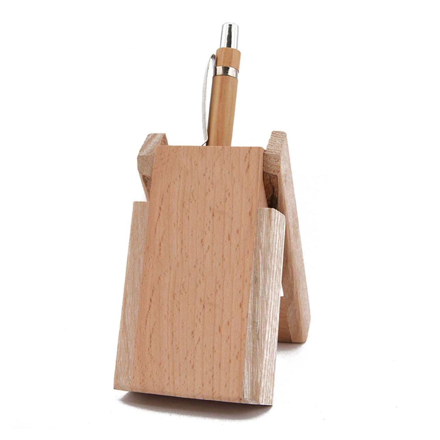 Wooden pen holder with a pen on a white background