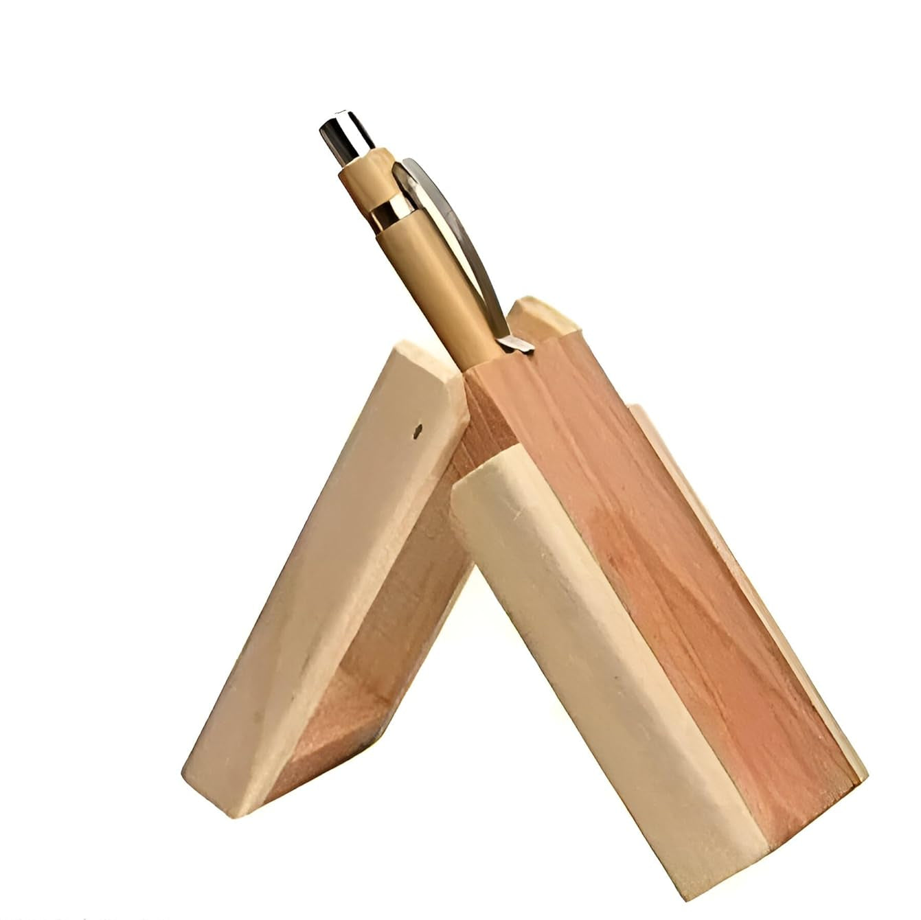 Wooden pen holder with a pen on a white background