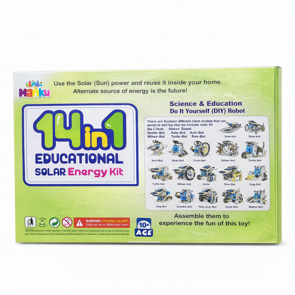 14-in-1 Educational Solar Energy Kit packaging with various robot illustrations on a green background