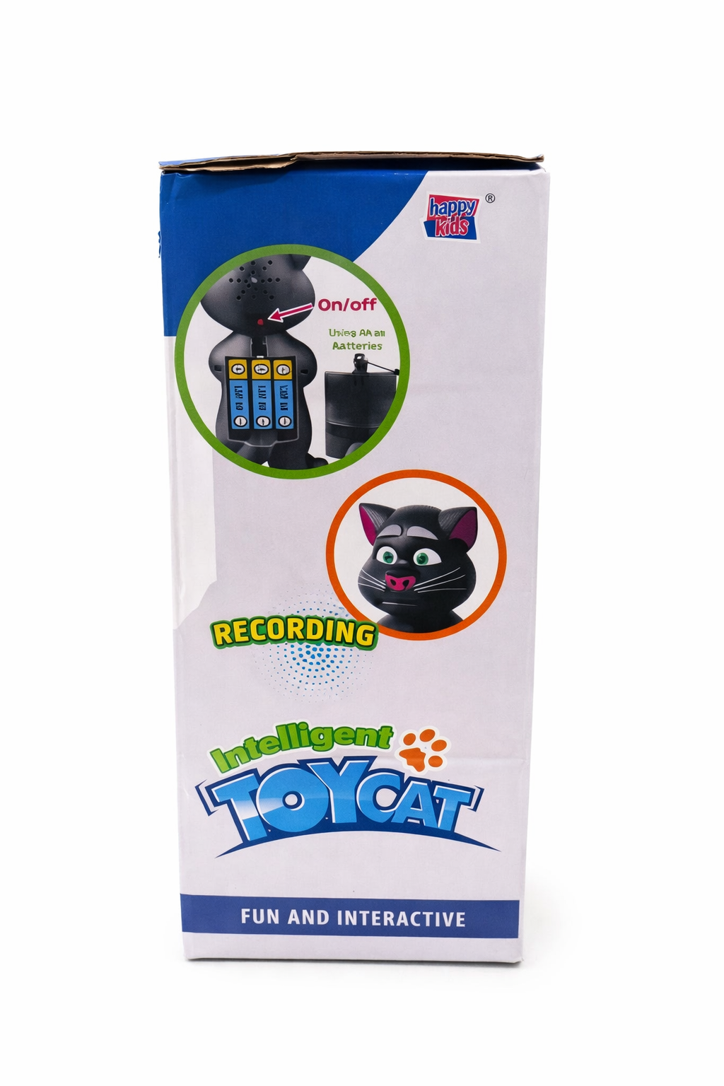 Box of an intelligent toy cat with black cat illustrations and text on a white background