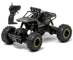 Black off-road RC toy truck with large tires and remote control on a white background