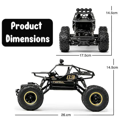 Dimensions of a remote control monster truck with measurements shown.