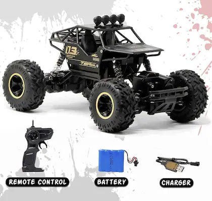 Black remote control monster truck with accessories on a white background