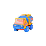 Toy oil truck with blue and yellow colors on a white background
