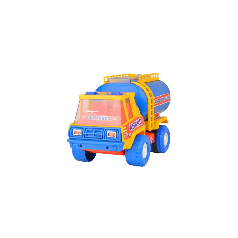 Toy oil truck with blue and yellow colors on a white background
