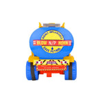 Toy fuel truck with humorous safety labels on a white background