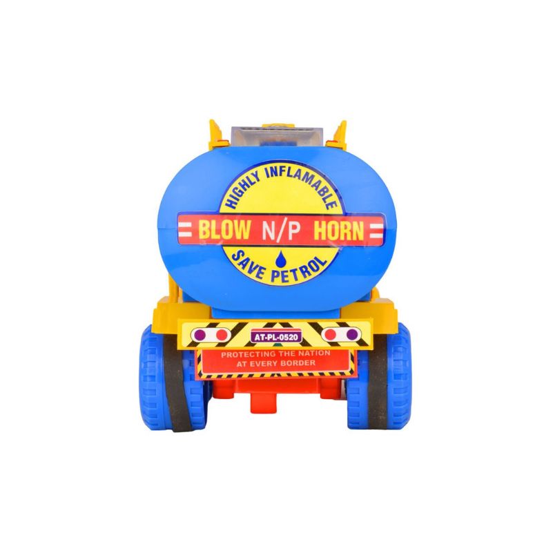 Toy fuel truck with humorous safety labels on a white background