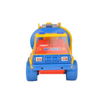Toy oil truck with blue body, yellow roof, and red details on a white background