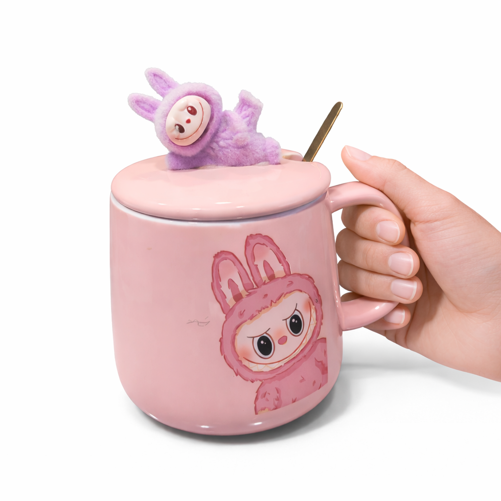 Angry Bunny Mug Plush Rabbit Topper Pink Ceramic Motumal-motumal
