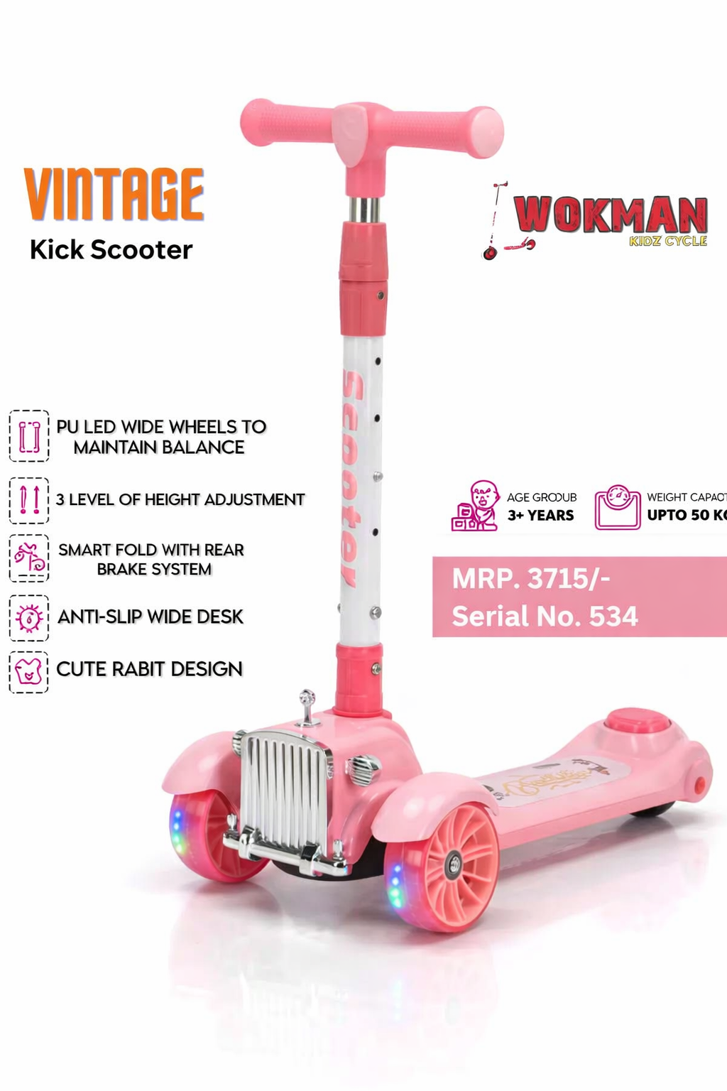 Pink vintage-style scooter with LED wheels on a white background, featuring Wokman branding.