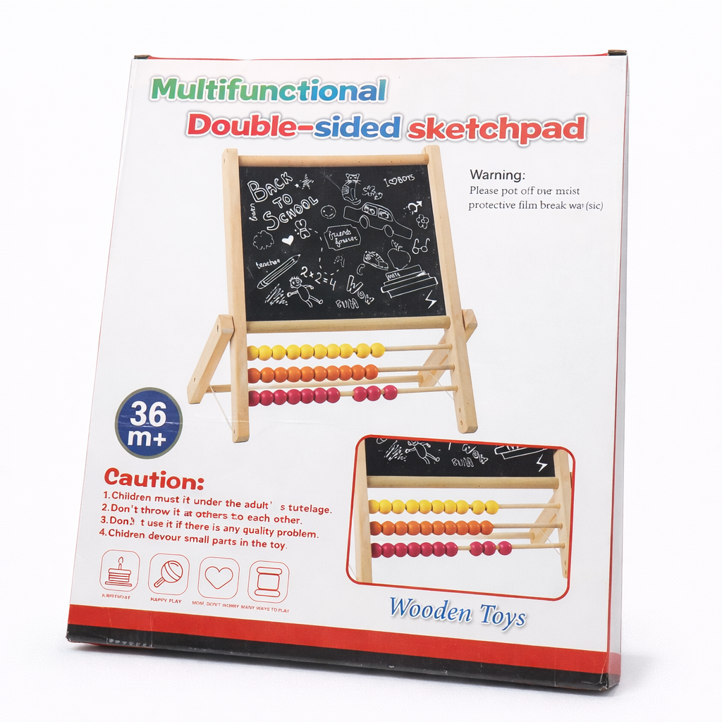 Multifunctional double-sided sketchpad with wooden toys packaging on a white background