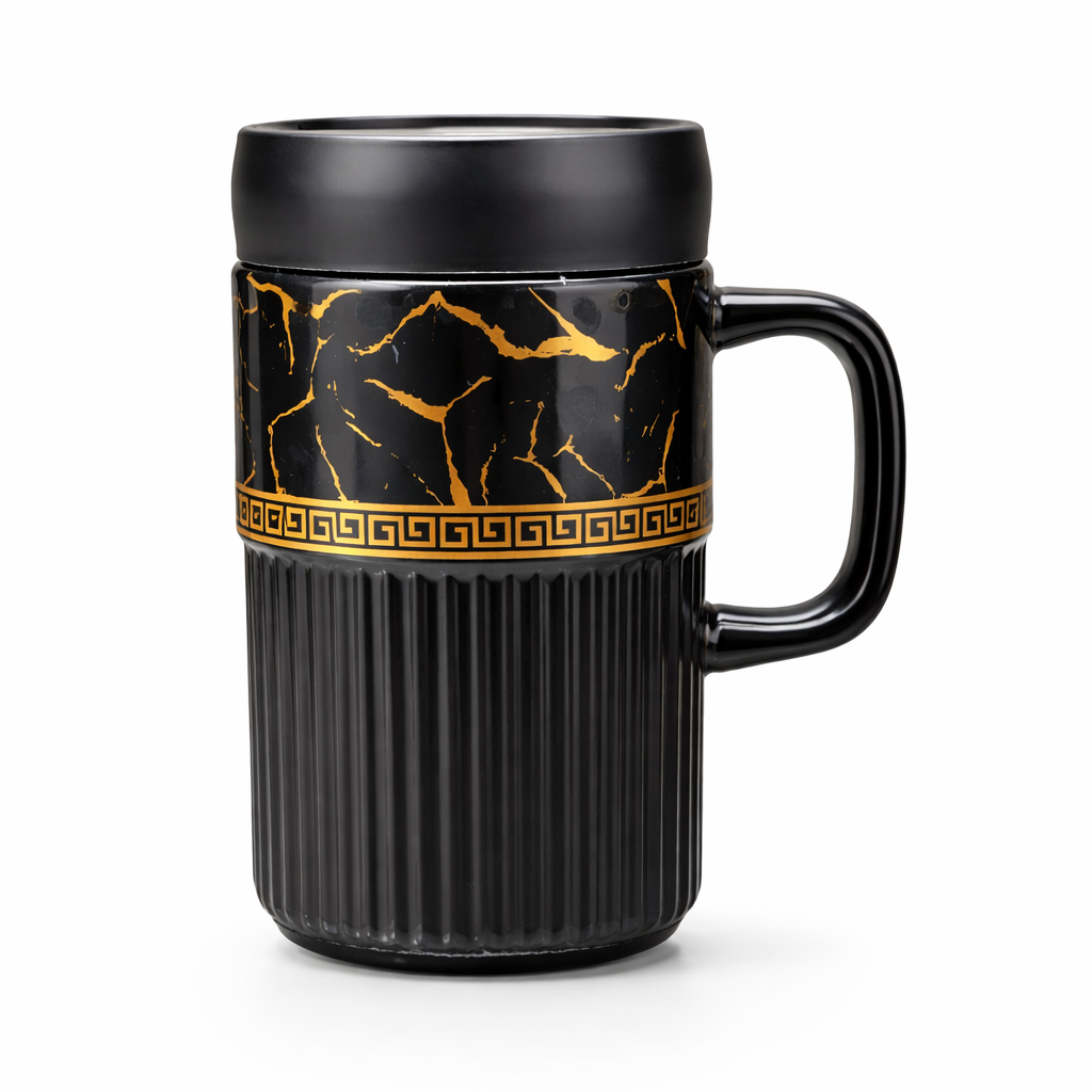 Black Gold Insulated Mug Marble Crackle Design Thermal Motumal-motumal