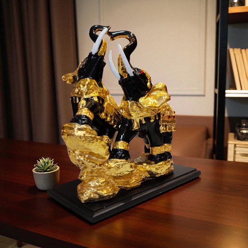 Black Golden Elephant Pair Figurine Decor Statue Home Accent Motumal-motumal