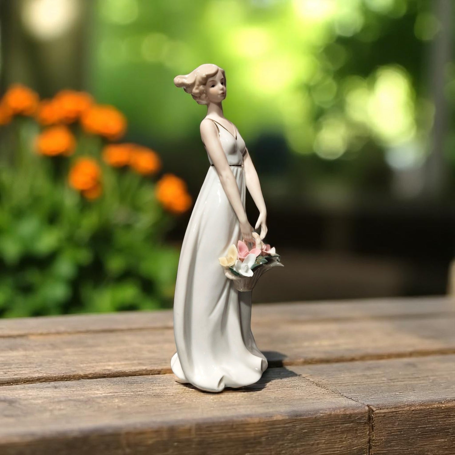 Side view of white ceramic flower girl statue – home decor gift – made in India