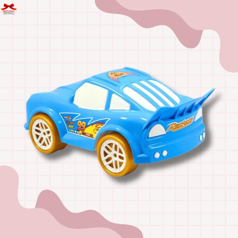 Blue toy car with yellow wheels on a light pink background