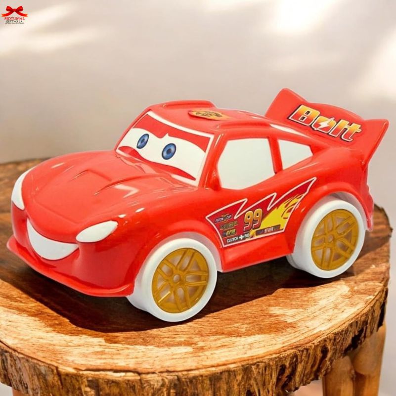 Red toy car with yellow wheels on a wooden surface