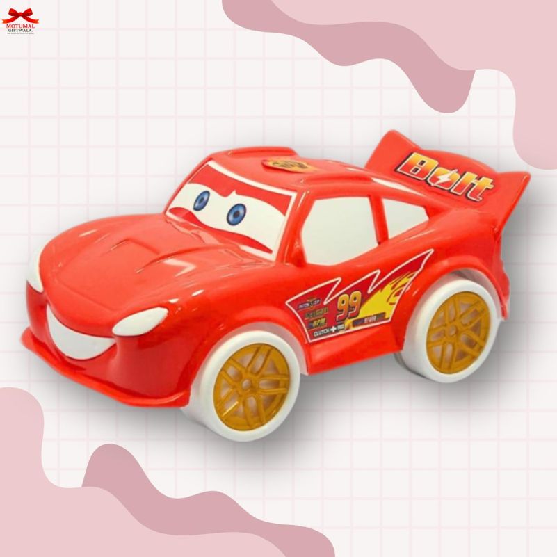 Red toy car with yellow wheels on a light pink background