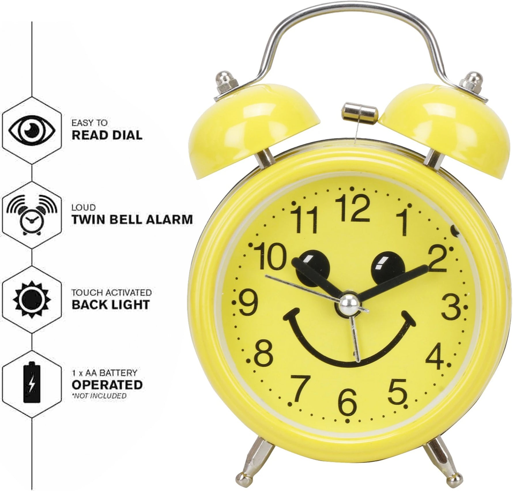 Bright Yellow Smiley Face Twin Bell Alarm Clock Bedroom Motumal-motumal