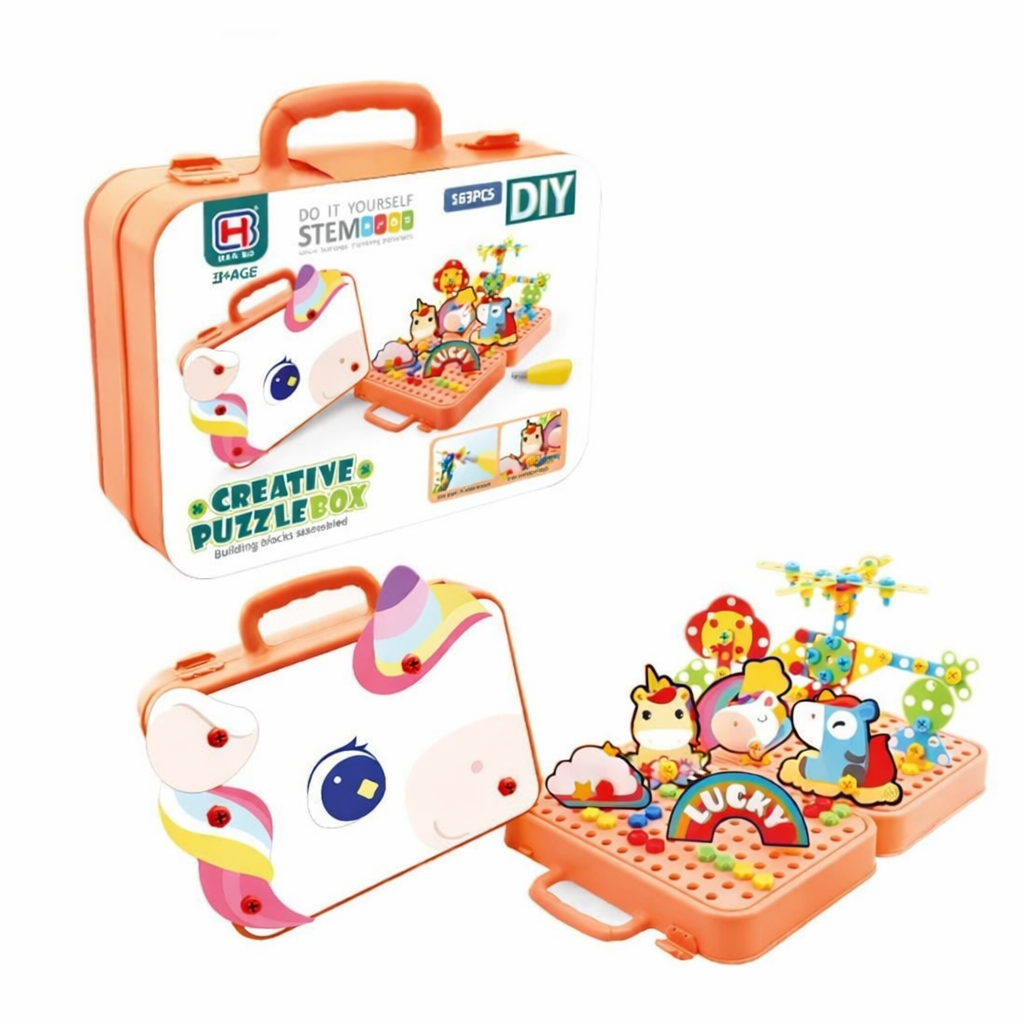 Children's educational toy set with colorful puzzle pieces in an orange carrying case on a white background.