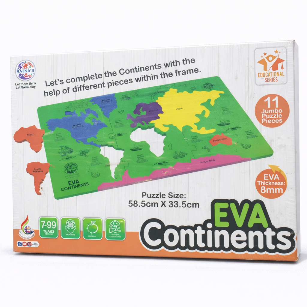 Box of Eva continents puzzle with colorful map design on a white background