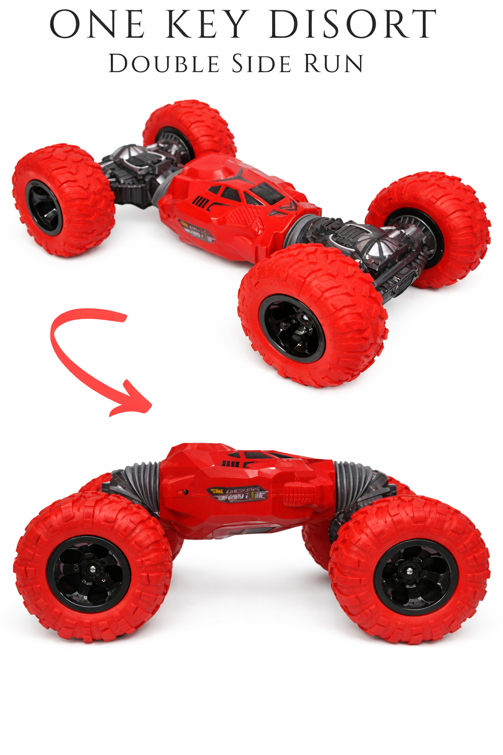 Red toy vehicle with dual side run feature on a white background