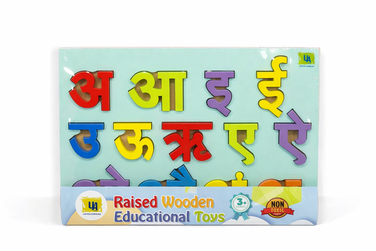 Set of colorful raised wooden letters on a packaging with Usha branding.
