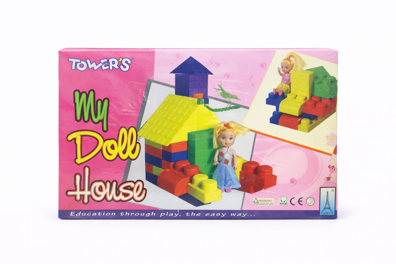 Toy packaging for 'My Doll House' with colorful building blocks and a doll on a white background.
