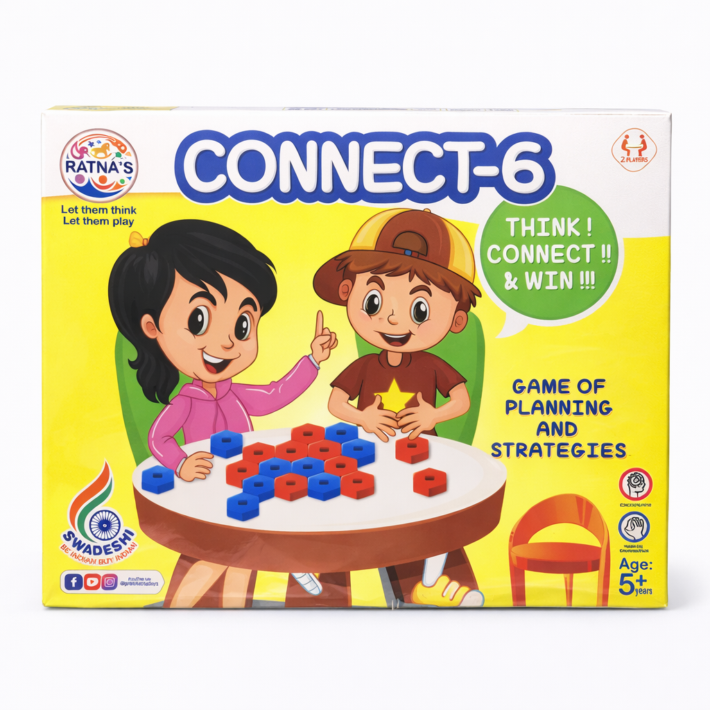Box of 'Connect-6' game with cartoon characters and colorful design