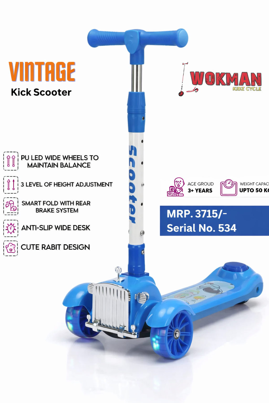 Blue vintage-style kick scooter with features listed on a white background
