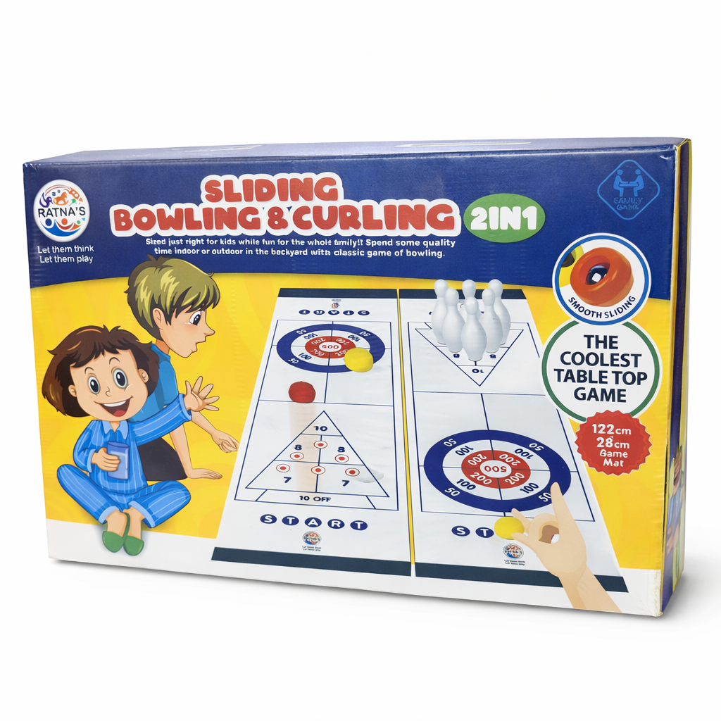 Box of a sliding bowling and curling game for children