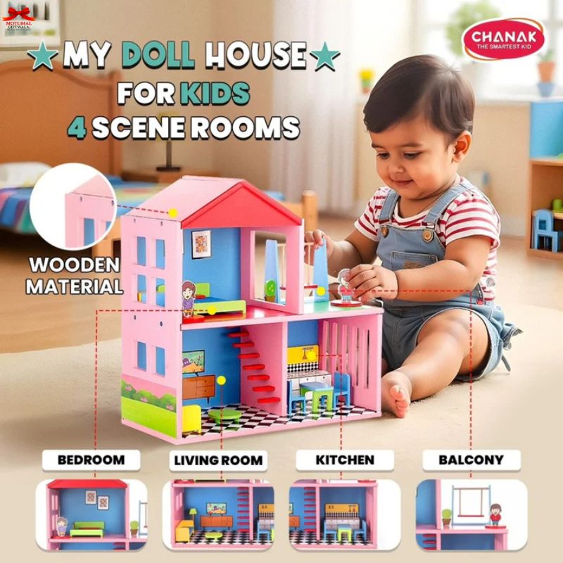 Toy dollhouse with four scene rooms and a child playing with it, featuring the brand 'Chanak'.