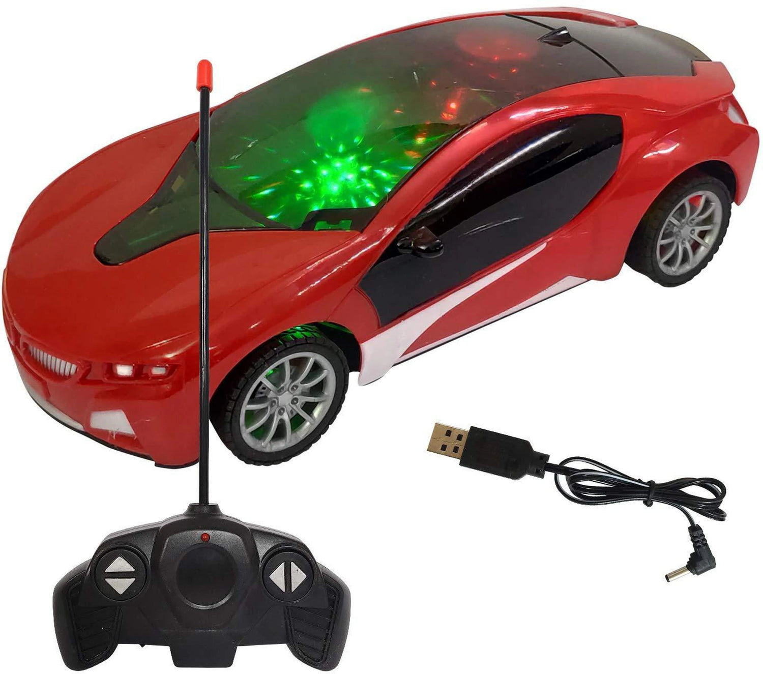 Red toy car with remote control and USB cable on a white background