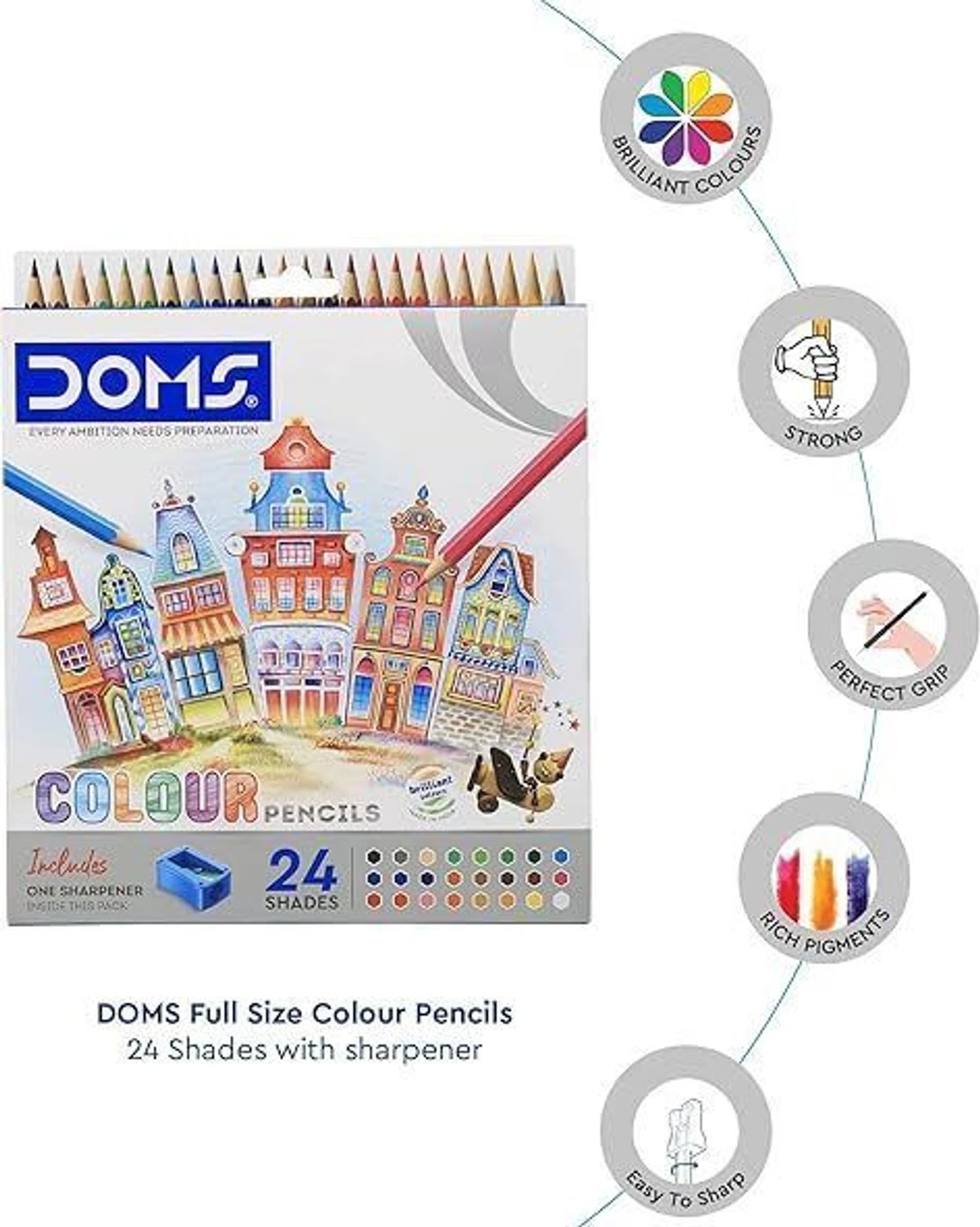 DOMS colour pencils set with packaging featuring a colorful illustration of buildings and animals.