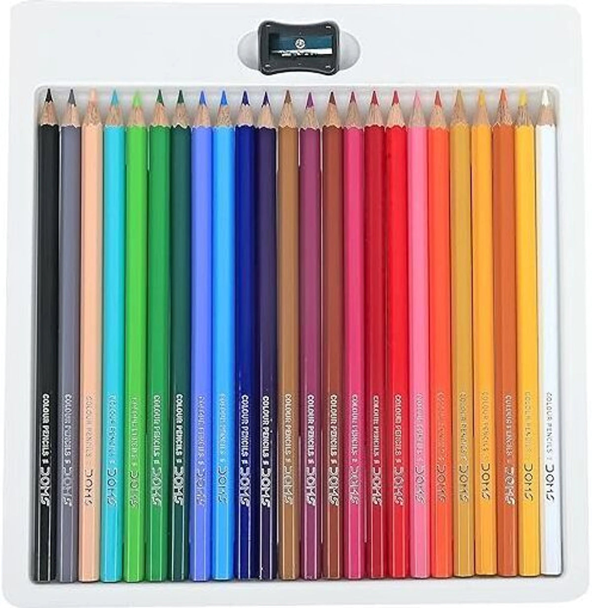 Set of 24 colored pencils with a sharpener on a white background
