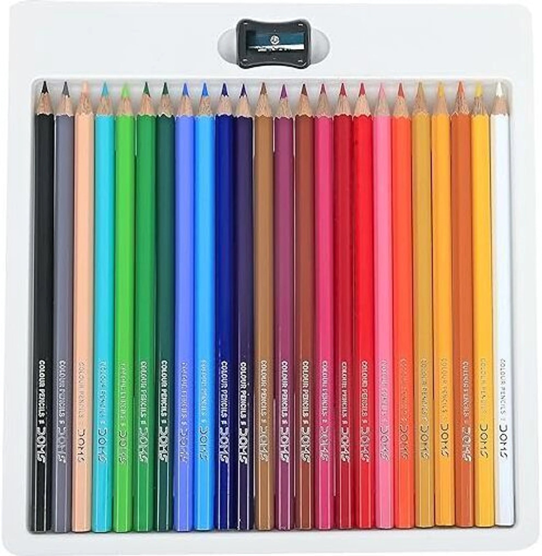 Set of 24 colored pencils with a sharpener on a white background