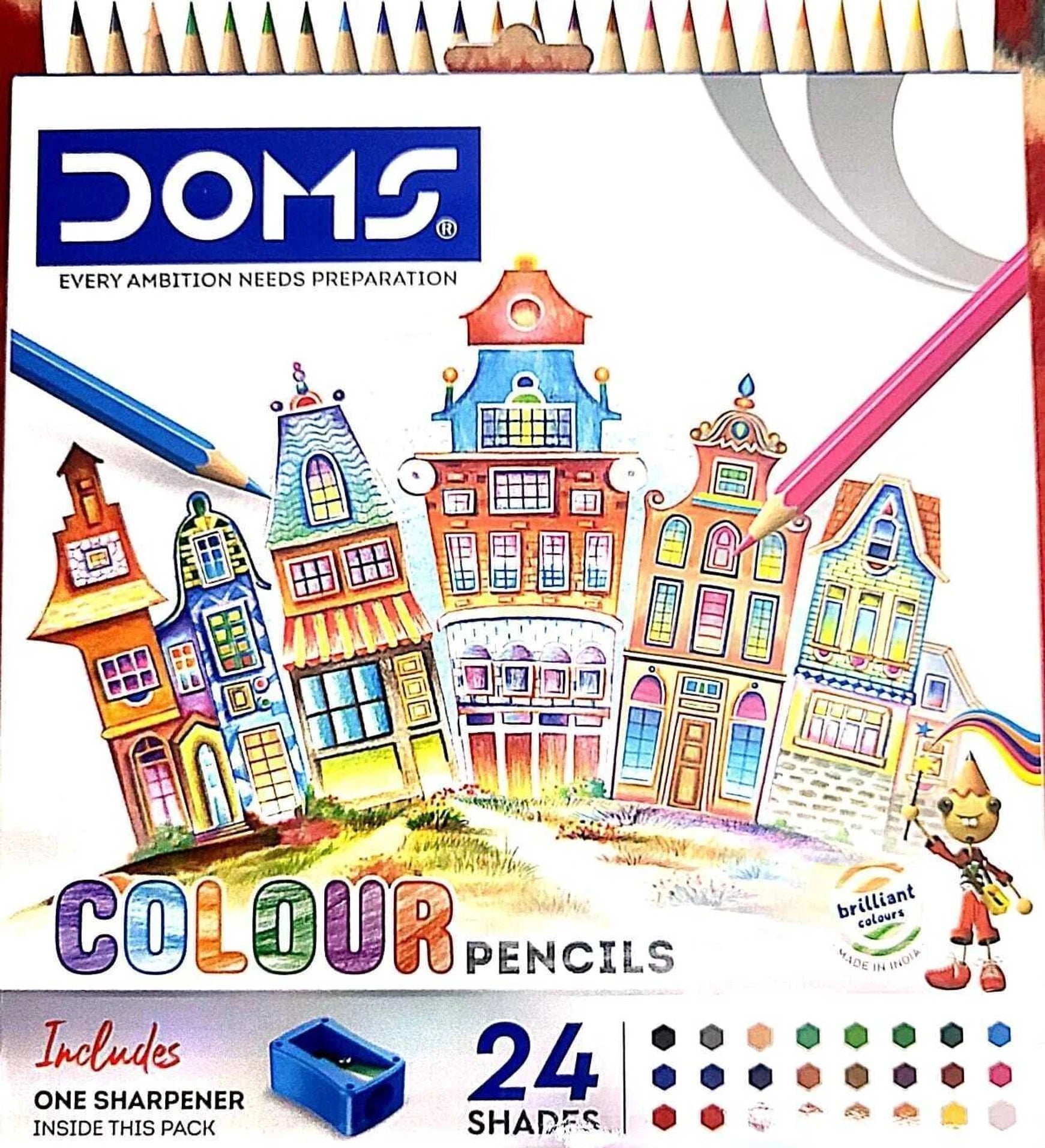 DOMS colour pencils packaging with colorful houses and a sharpener on a white background