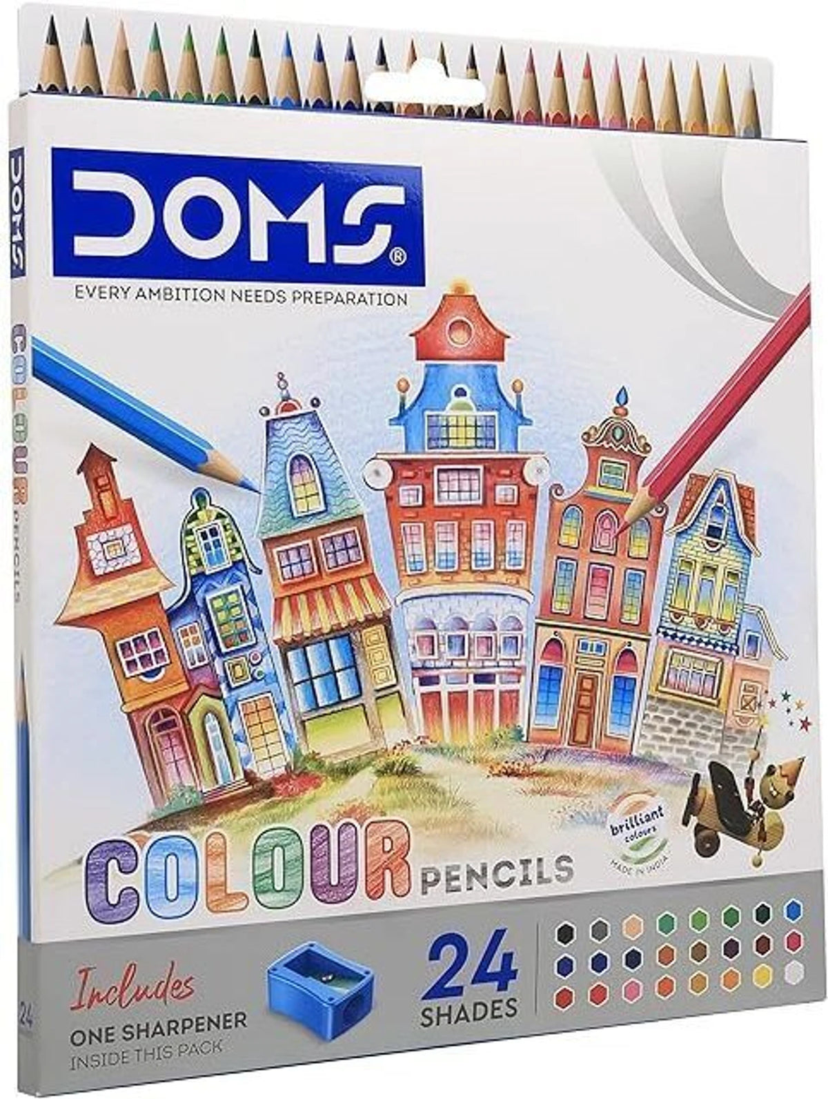 DOMS colour pencils set with colorful packaging featuring houses and a pencil.