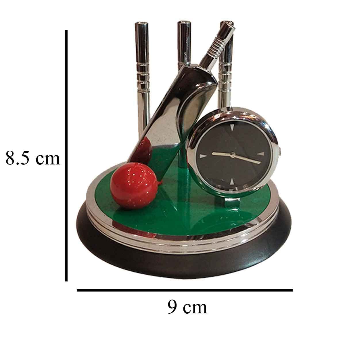 Cricket Desk Clock Showpiece Bat Ball Stand Polished Metal Motumal-motumal
