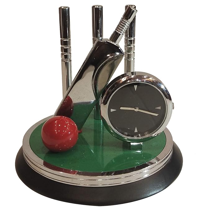 Cricket Desk Clock Showpiece Bat Ball Stand Polished Metal Motumal-motumal