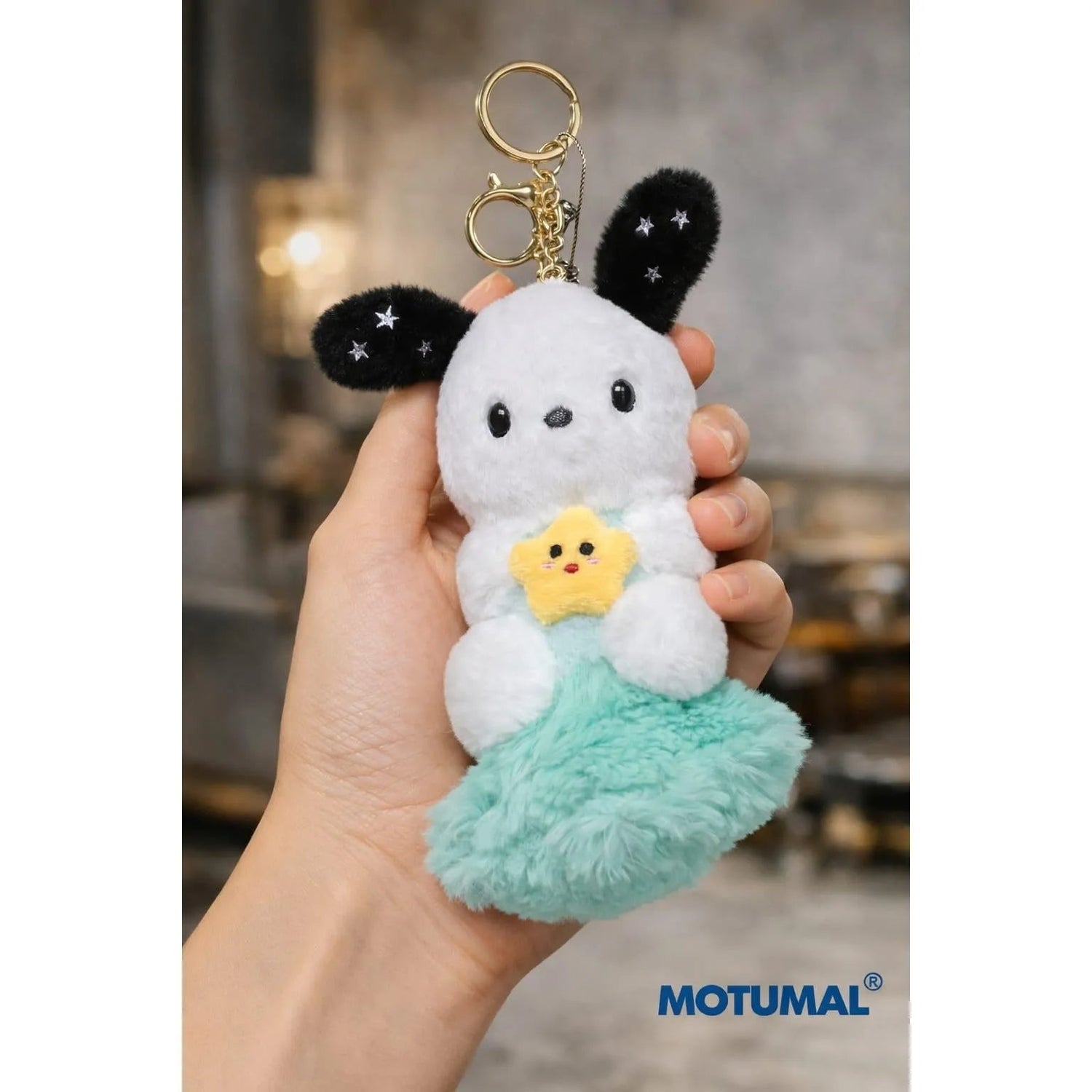 Cute White Plush Puppy Keychain Star Charm Accessory Motumal-motumal